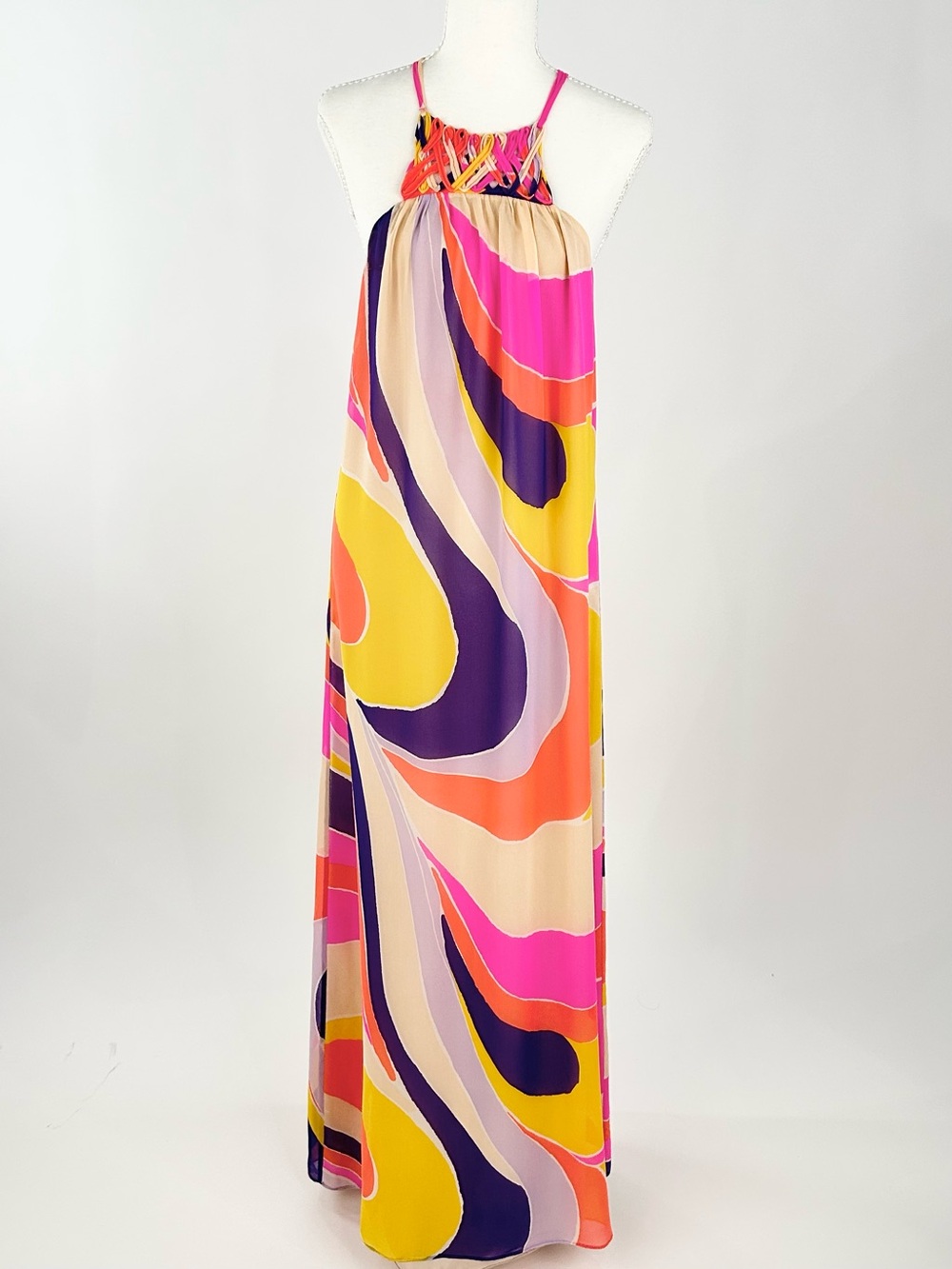 Alice & Trixie Silk Maxi Dress S Abstract Psychedelic Strappy Halter Resort